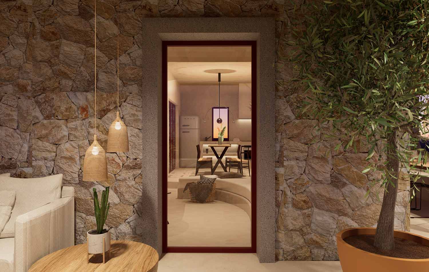 Dammuso Lampedusa exterior view by night, residential project by VANDA Designers