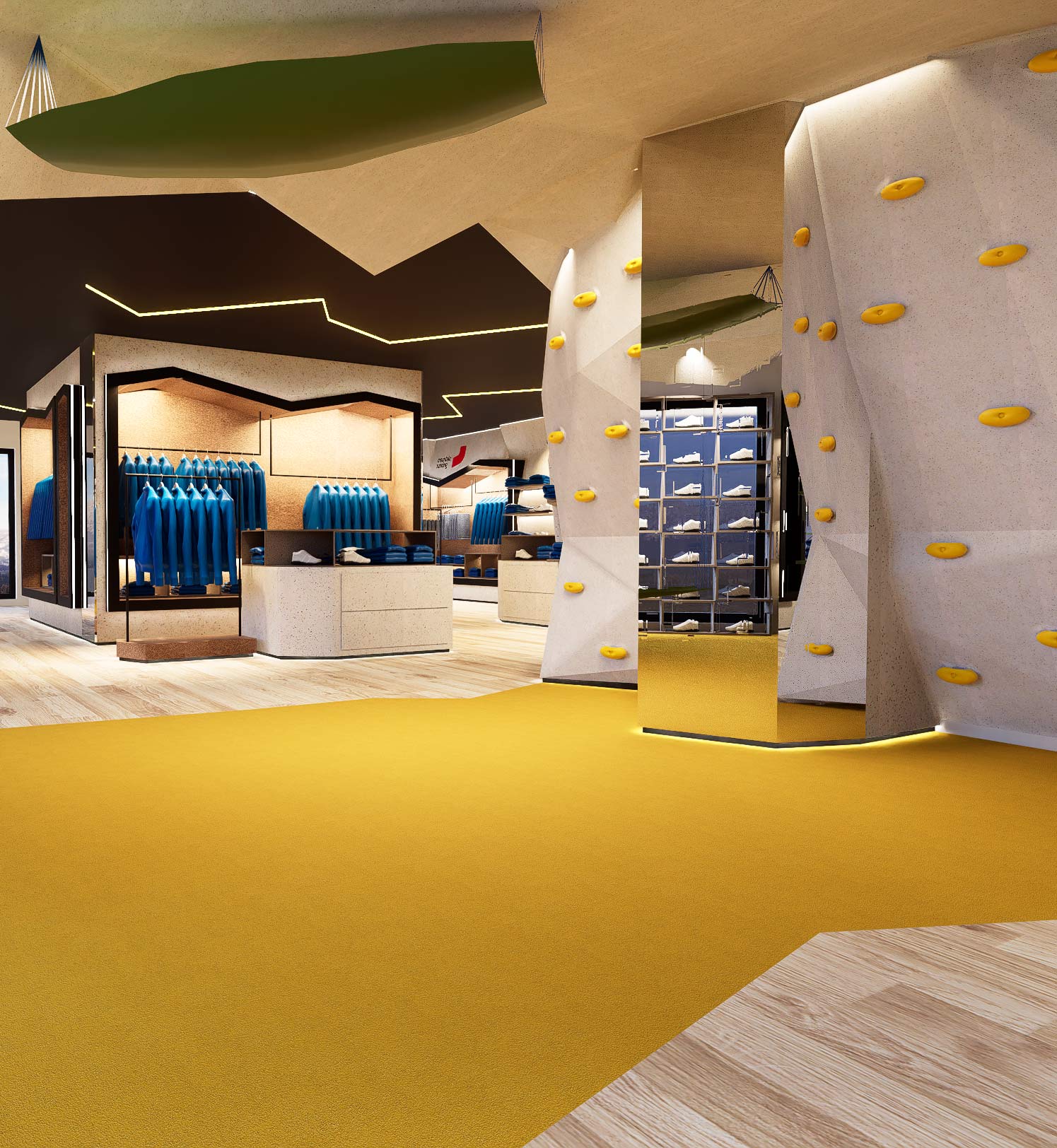 Retail design per La Sportiva, area calzature e abbigliamento outdoor, progetto flagship con materiali naturali e geometrie contemporanee.