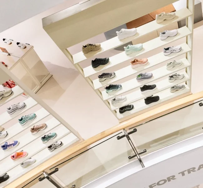 Vista generale piano terra con soffitto ovale e torri espositive scarpe su misura — flagship SportScheck Dortmund