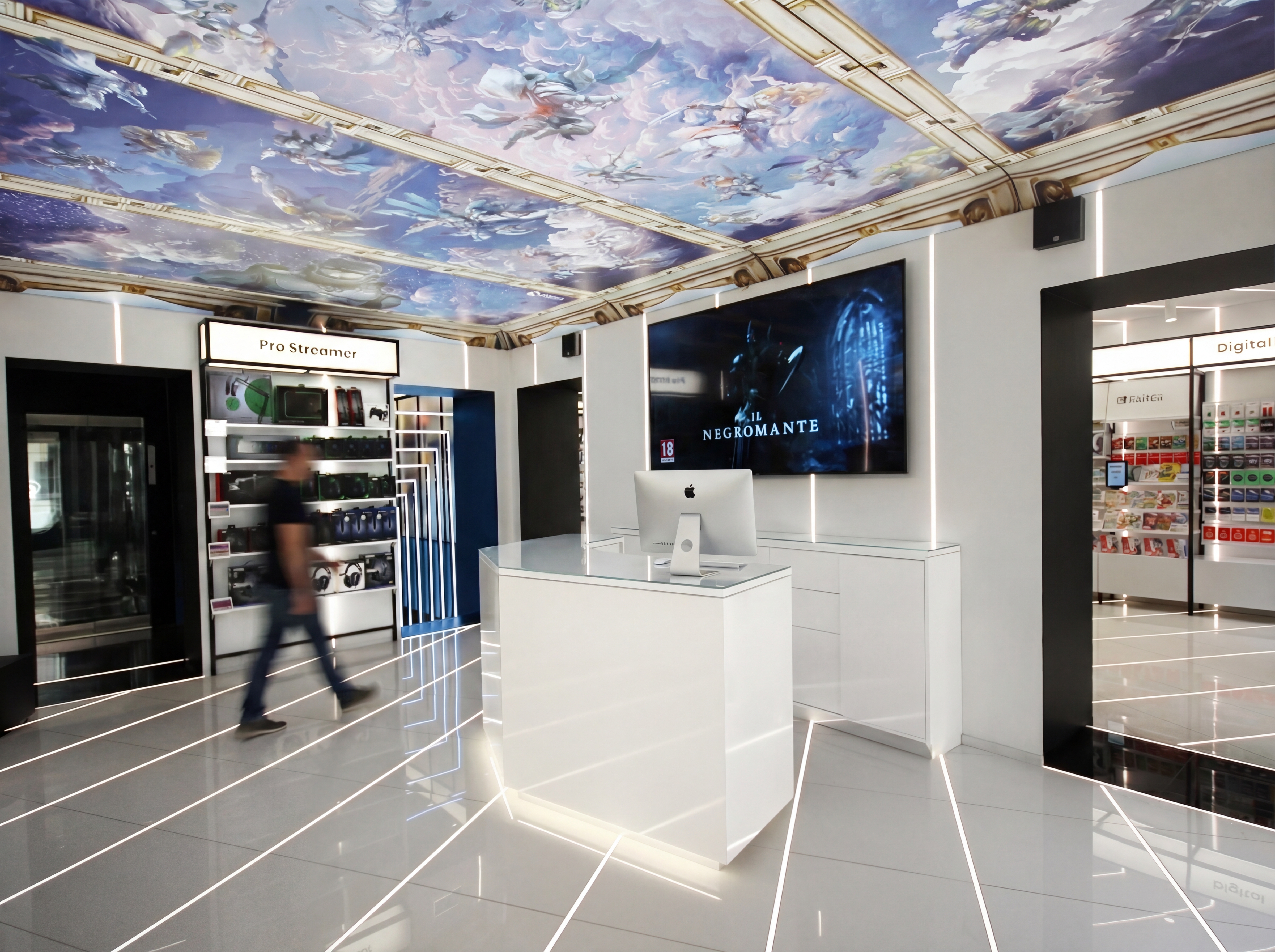 White display area GameStop Milan — gaming retail design