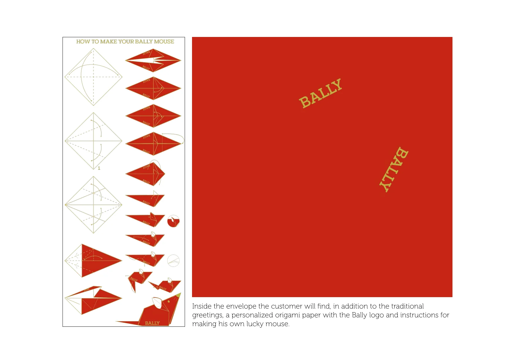 Bally red envelope with an origami mouse drawn in gold
