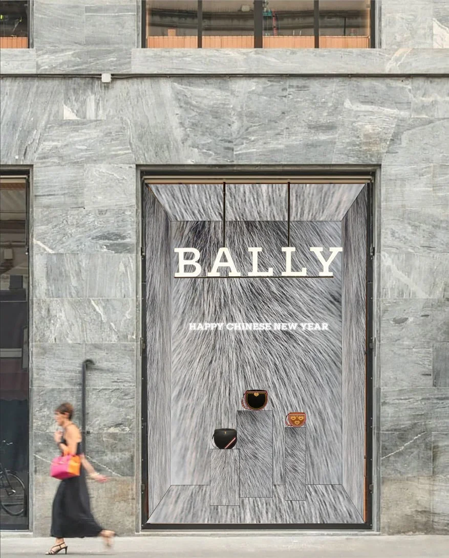 Bally window clad in grey ecological fur with bags on display blocks