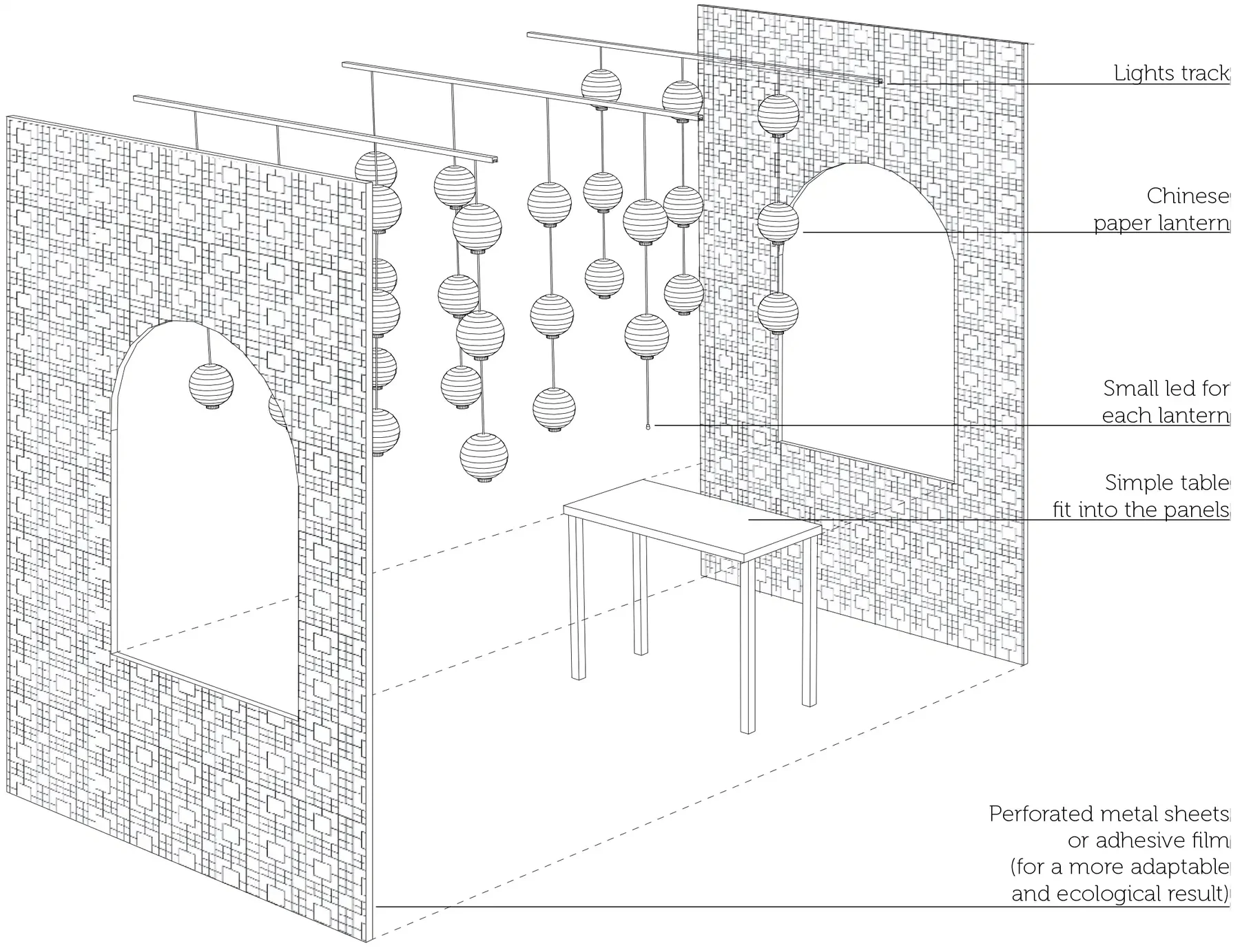 Exploded axonometric of the Bally window with lanterns, light tracks and perforated metal panels